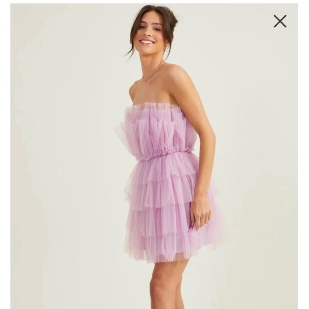 Altar'd State Lilac Strapless Tulle Tiered Mini Dress